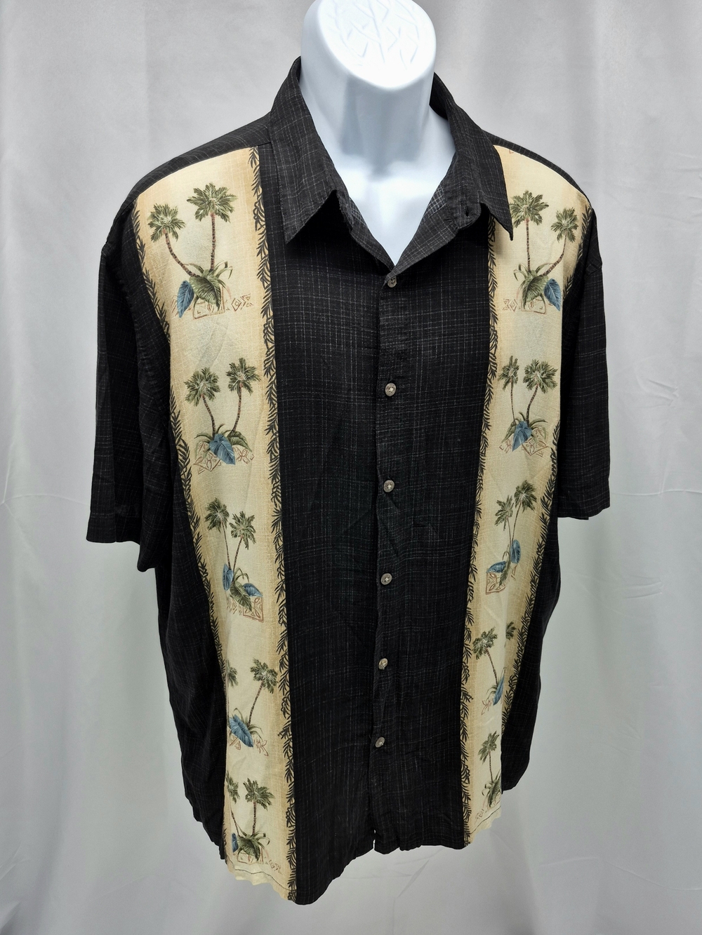 Island Shores Black Tropical Palm Tree Panel Woven Camp Shirt Men' XL Relax Styl